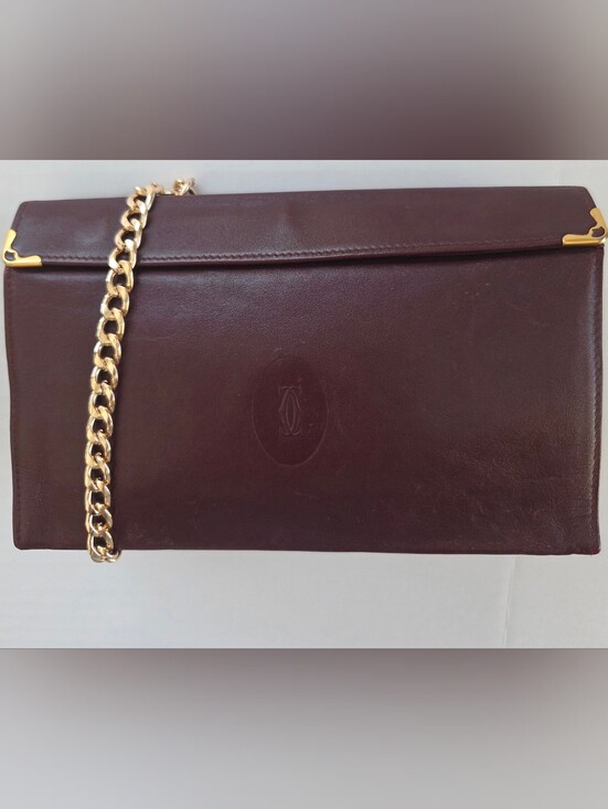 Cartier Handbags - Cartier Must De Cartier Burgundy Leather Chain Pouch with Gold Trim Modified-COA